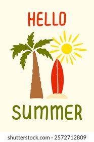 Hello summer card featuring palm trees, sun, and surfboard for fun occasions vector illustration