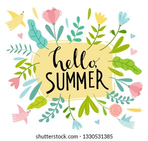 Hello Summer card with flowers, bird and hand drawn lettering 