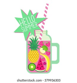 Hello summer card. Fresh smoothie and fruits on white background. Healthy lifestyle concept. Fresh detox smoothie with strawberry, banana, pineapple, apple, watermelon and kiwi.
