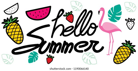Hello summer card with hand drawn lettering.