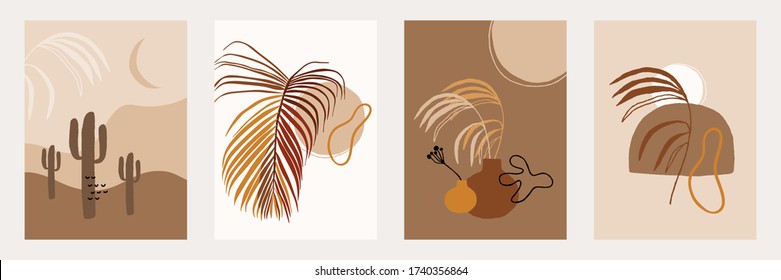 Hello summer card. Hand drawn boho plants, shapes, figure, palm leaves and nature view. Modern floral vector illustration, poster, mood board, wall art poster, fashion.