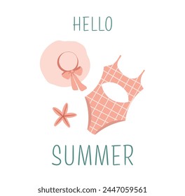 Hello summer card. Hand drawn summer beach accessories on white background. Summer design element for poster, banner, badge, label, print, card, travel.