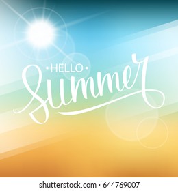 Hello Summer card. Hand drawn lettering text design with blurred summer beach background. Vector illustration.