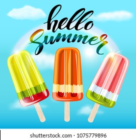 Hello summer card with handdrawn lettering on blue background with ice cream. Fruit ice cream, rainbow and clouds. Vector Illustration. T-shirt design.