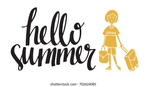 Hello summer card. Handwritten font, lettering