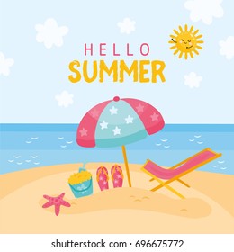 Hello Summer card. Happy vacation. Illustration with sea and beach. Different elements of summer - flip flops, umbrella, starfish. Vacation by the sea