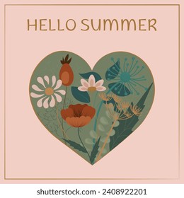 Hello Summer. Card with heart, flowers. Vintage postcard