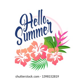 Hello summer card with hibiscus flowers vector illustration