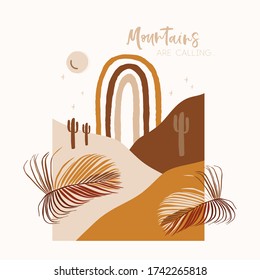 Hello summer card landscape. Hand drawn boho plants, shapes, figure, palm leaves and nature view. Modern mountain vector illustration, poster, mood board, wall art poster, fashion. 