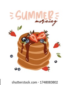 Hello summer card with lettering. Hand drawn fruits, berries and food. Modern vector illustration, poster, logo, mood board, menu.