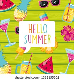Hello summer card pineapple cocktail and sunglasses with watermelon vector graphic digital image