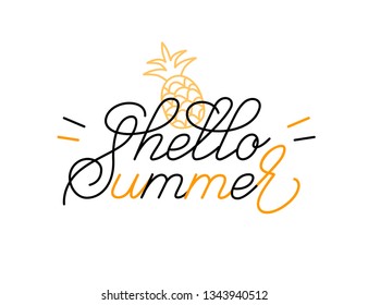 Hello Summer Card with Pineapple. Summer post card, invitation, poster design templates. Calligraphy Quotes. Hand drawn vector illustration. Hand draw lettering cards. Isolated on white background