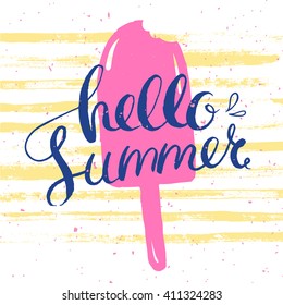 hello summer card with pink ice cream and hand drawn lettering, vector illustration