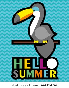 hello summer card, postcard, cover with pineapple, toucan and text space. Hello summer tropical background