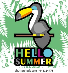 hello summer card, postcard, cover with pineapple, toucan and text space. Hello summer tropical background