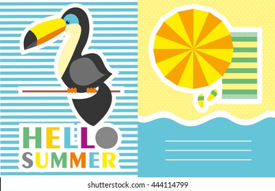 hello summer card, postcard, cover with pineapple, toucan and text space. Hello summer tropical background