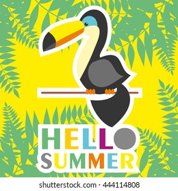 hello summer card, postcard, cover with pineapple, toucan and text space. Hello summer tropical background