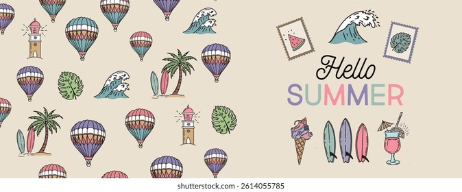 Hello summer, card, Postcard, mail, hand drawn illustrations.