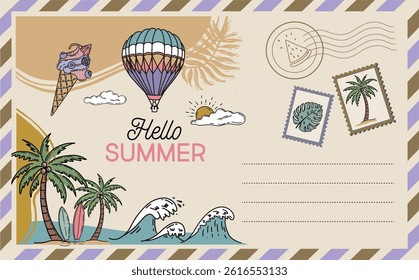 Hello summer, card, Postcard, mail, hand drawn illustrations.