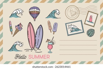 Hello summer, card, Postcard, mail, hand drawn illustrations.