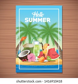 Hello summer card poster with beach cartoons on wooden background vector illustration graphic design