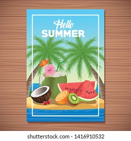 Hello summer card poster with beach cartoons on wooden background vector illustration graphic design