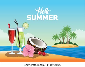 Hello summer card poster with beach cartoons in island scenery vector illustration graphic design