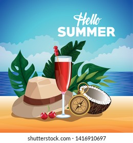 Hello summer card poster with beach cartoons in island scenery vector illustration graphic design