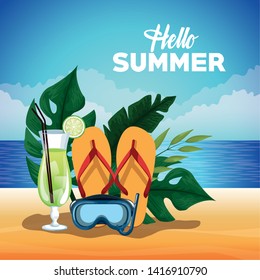 Hello summer card poster with beach cartoons in island scenery vector illustration graphic design