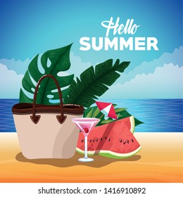 Hello summer card poster with beach cartoons in island scenery vector illustration graphic design