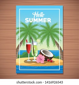 Hello summer card poster with beach cartoons on wooden background vector illustration graphic design