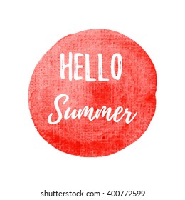 Hello Summer card, poster, logo, written on watercolor red background illustration
