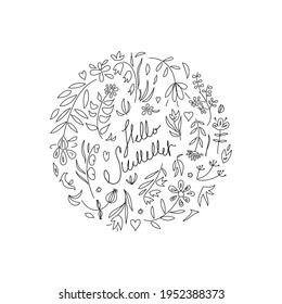 Hello summer card, poster or print. Vector line style design. Hand drawn lettering, flowers and plants.
