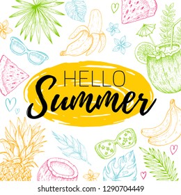 Hello Summer card poster with text, tropic leaf seamless pattern. Hand drawn doodle flyer with summertime symbols & paradise element for party invitation, print design. Vector illustration background