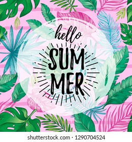 Hello Summer card poster with text, tropic leaf seamless pattern. Hand drawn doodle flyer art with summertime symbol, paradise element for party invitation, print design. Vector pink stripe background