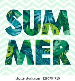 Hello Summer card poster with text, tropic leaf seamless pattern. Hand drawn doodle flyer art with summertime symbols & paradise element for party invitation, print design. Vector zig zag background