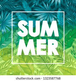 Hello Summer card poster with text, tropic leaf gradient pattern. Hand drawn doodle flyer art with summertime symbols & paradise element for party invitation, print design. Vector zig zag background