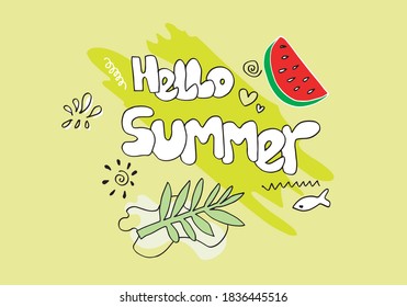 Hello Summer card poster with text and tropic leaf. Hand drawn doodle flyer art with summertime symbols for party invitation, print design.vector illustration.
