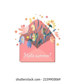 Hello summer card, print or poster. Decorative flowers in the envelope. Festive greeting. Vector  illustration. 