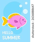 Hello Summer card with a purple fish and yellow fins blowing bubbles on a light blue background, ideal for seasonal children’s designs