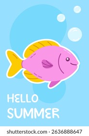 Hello Summer card with a purple fish and yellow fins blowing bubbles on a light blue background, ideal for seasonal children’s designs