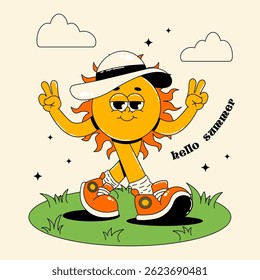 Hello summer card. Retro groovy character sun. Walking happy personage in hat with cute face. Flat vector illustration
