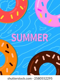 Hello summer card with rubber ring donuts for swimming. Swimming pool. Modern isolated vector illustration.