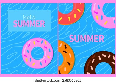 Hello summer card with rubber ring donuts for swimming. Swimming pool. Modern isolated vector illustration.