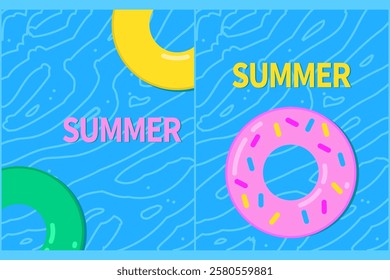 Hello summer card with rubber ring donuts for swimming. Swimming pool. Modern isolated vector illustration.