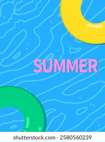 Hello summer card with rubber ring donuts for swimming. Swimming pool. Modern isolated vector illustration.
