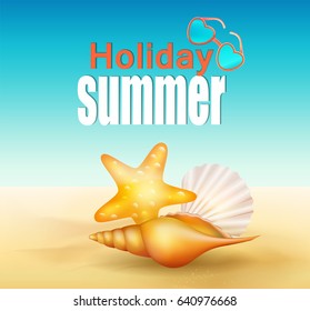 Hello summer card. Seashells on the beach vector illustration