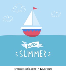 Hello summer card with ship