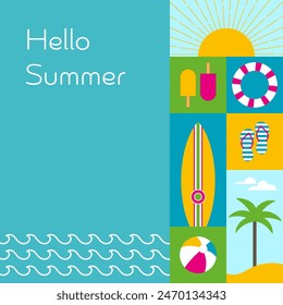 Hello Summer. Summer card with sun, beach, waves, surfboard, palm tree and flip flops.