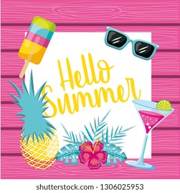 Hello summer card sunglasses pineapple and cocktail with popsicle vector graphic digital image